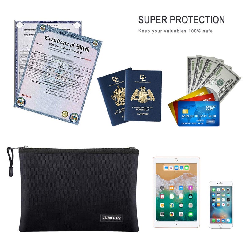 JUNDUN Fireproof Document Bags,14.2â€x 10.0â€Waterproof and Fireproof Money Bag with Aluminum Foil Lining,Fireproof Safe Storage Pouch with Zipper for Document and Cashï¼ŒBlack - Image 4